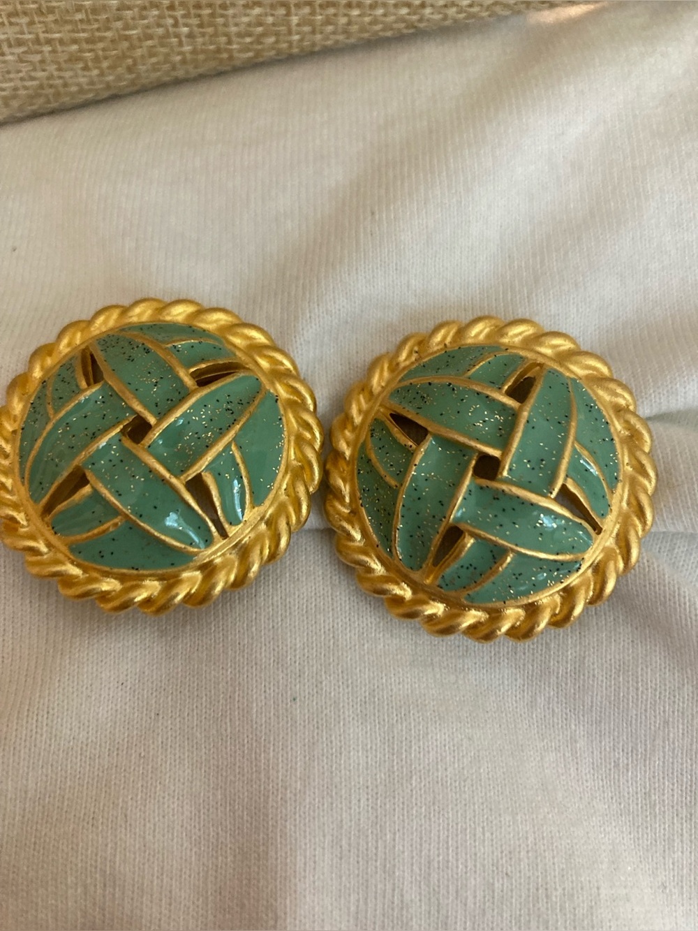Teal Green Enamaled Basket Weave Vintage Clip on Earrings